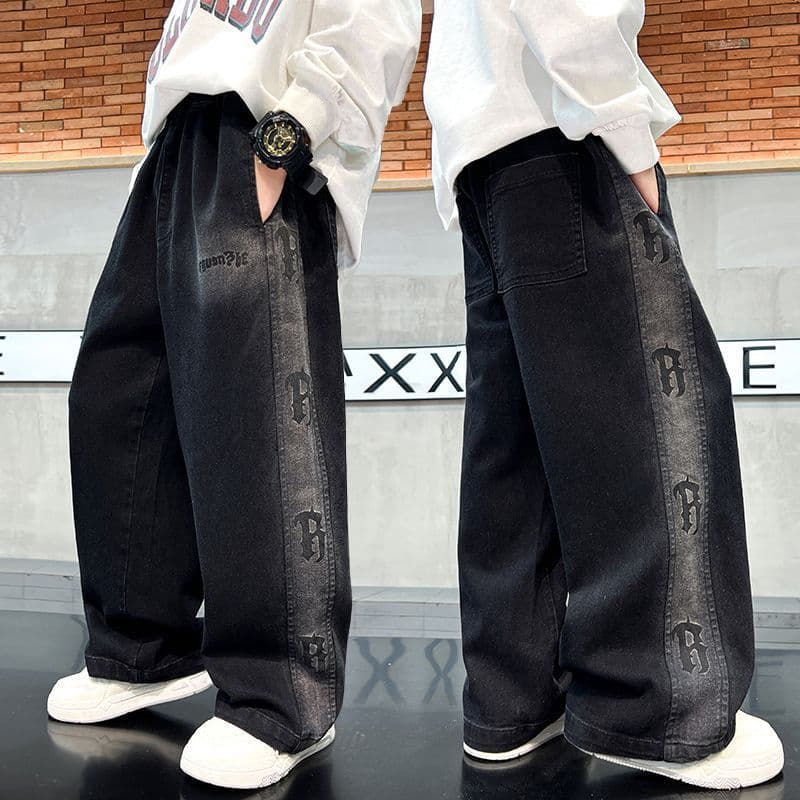 Boys' Stylish New Loose Straight-Leg Jeans for Fall, Mid-to-Large Kids' Long Pants for School
