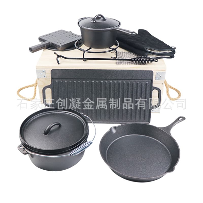 New Camping Cookware Set Cast Iron Outdoor Cookware Dutch Oven Baking Pan Wooden Box Set Factory Source Camp