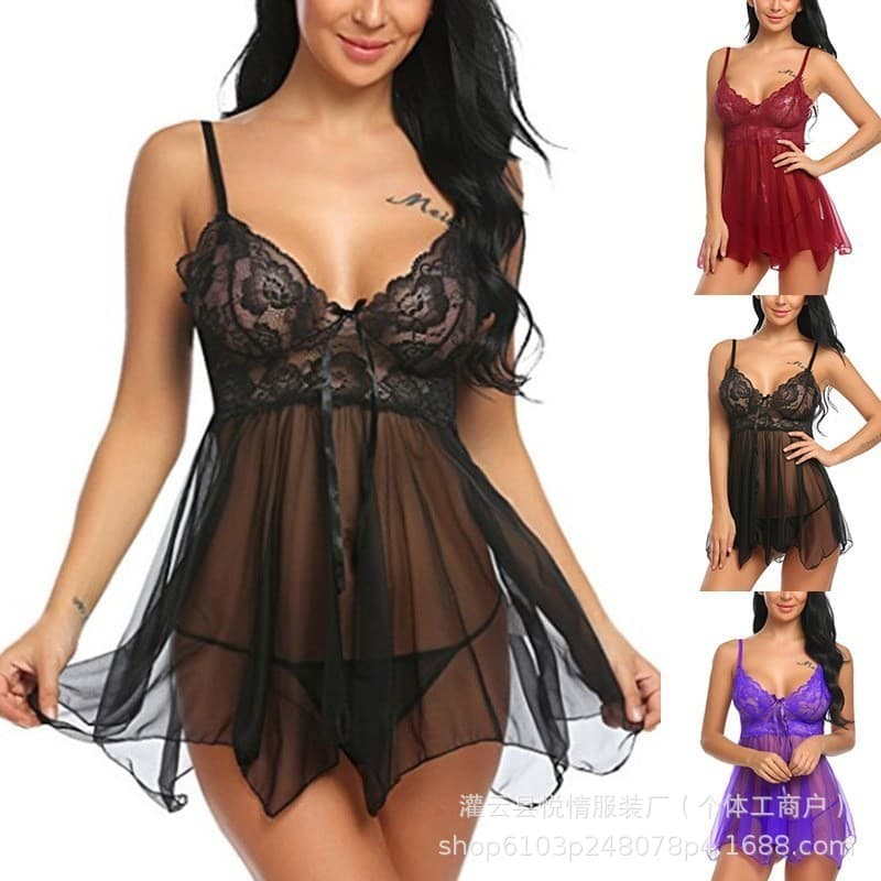 Sexy See-through Women's Lingerie Nightgown Cross-border Adult Entertainment Front Split Strap Design Home Wear Underwear