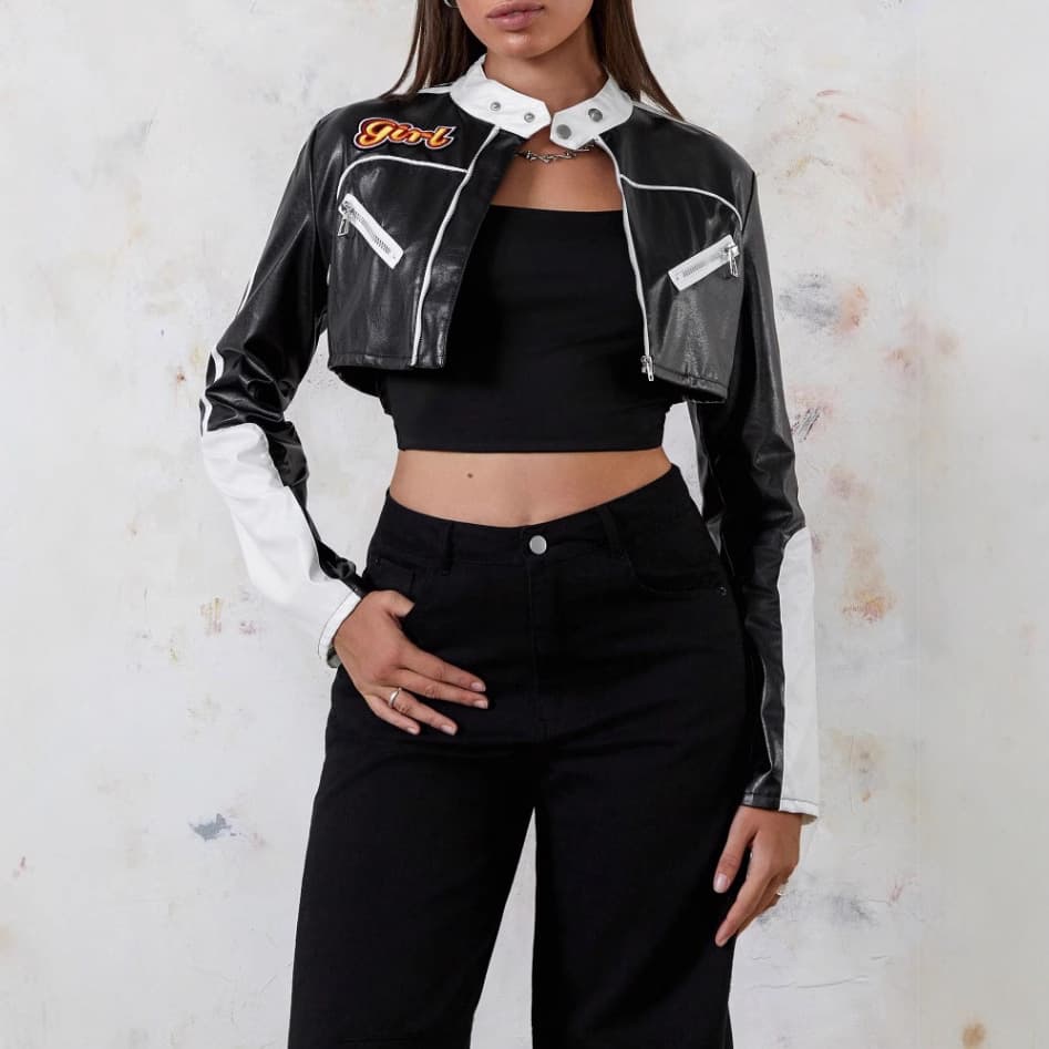 Spicy Sweet Contrast PU Leather Stand Collar Jacket 2025 Spring New Motorcycle Style Zipper Short Crop Top