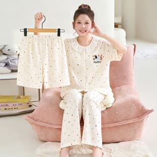 Trendy Kids Pajamas for Girls 2026 New Summer Style Cloud Cotton Lightweight Short Sleeve Three-Piece Set Girls' Homewear