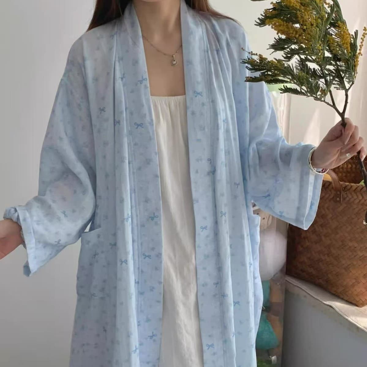 Women's Cotton-Like Thin Long Sleeve Sleep Robe Spring Autumn Summer Home Wear Plaid Bow Morning Gown Girls Home Skirt