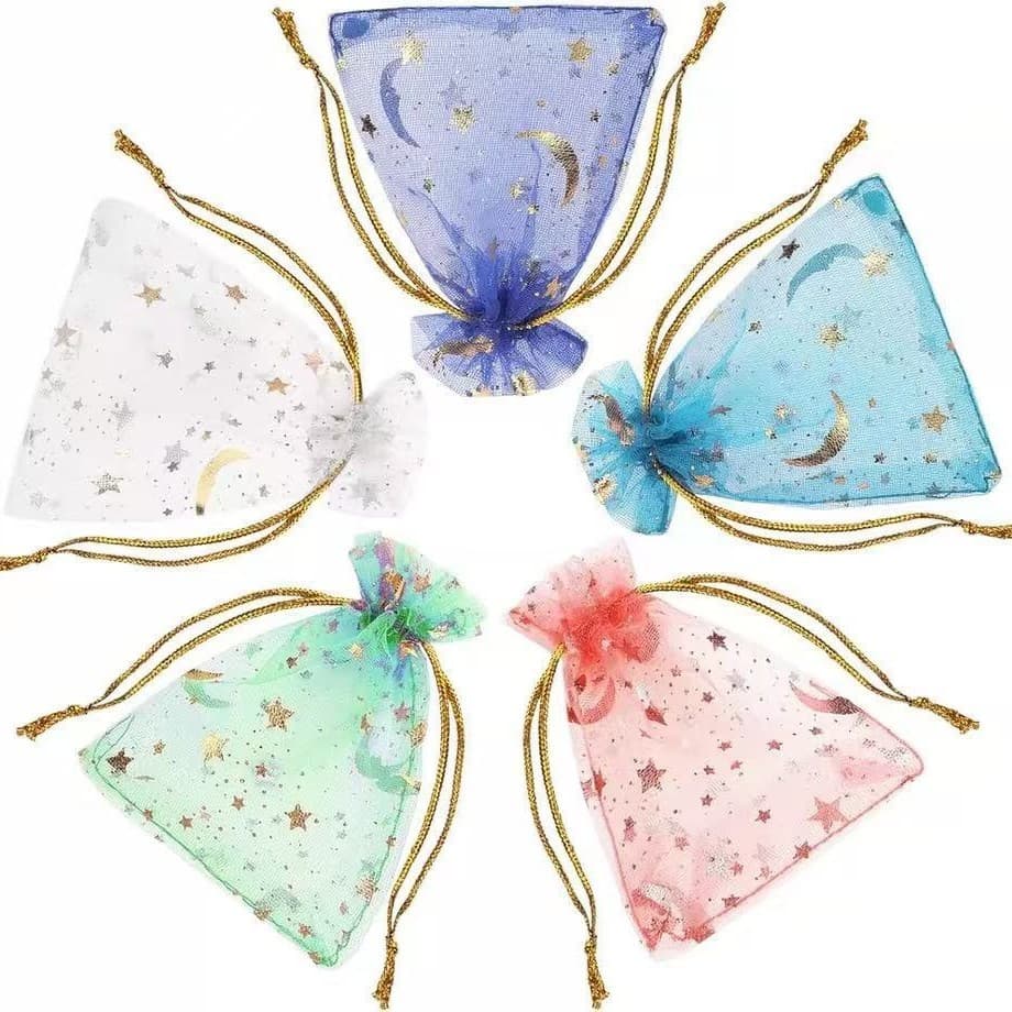 Tulle Bag Organza Gold Silver Foil Stars Moon Drawstring Storage Packaging Bag Cosmetics Tulle Bag
