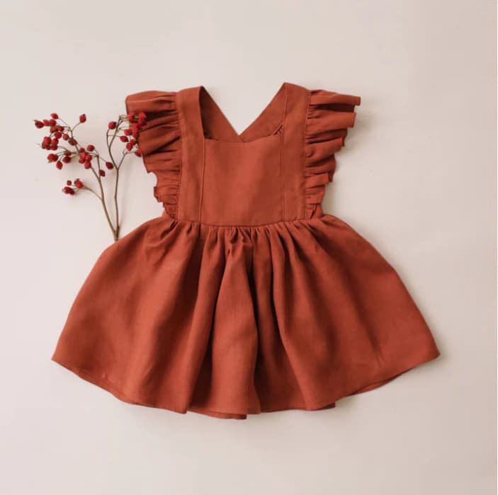 Girls' Linen-Cotton Suspender Dress Vintage Solid Baby Ruffle Dress Spring Summer Girls' Vacation Dress