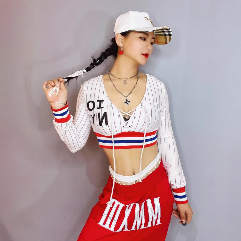 V-Neck Cropped Long-Sleeve T-Shirt for Women, Jazz Crop Top, Kpop Dance Stage Performance Costume