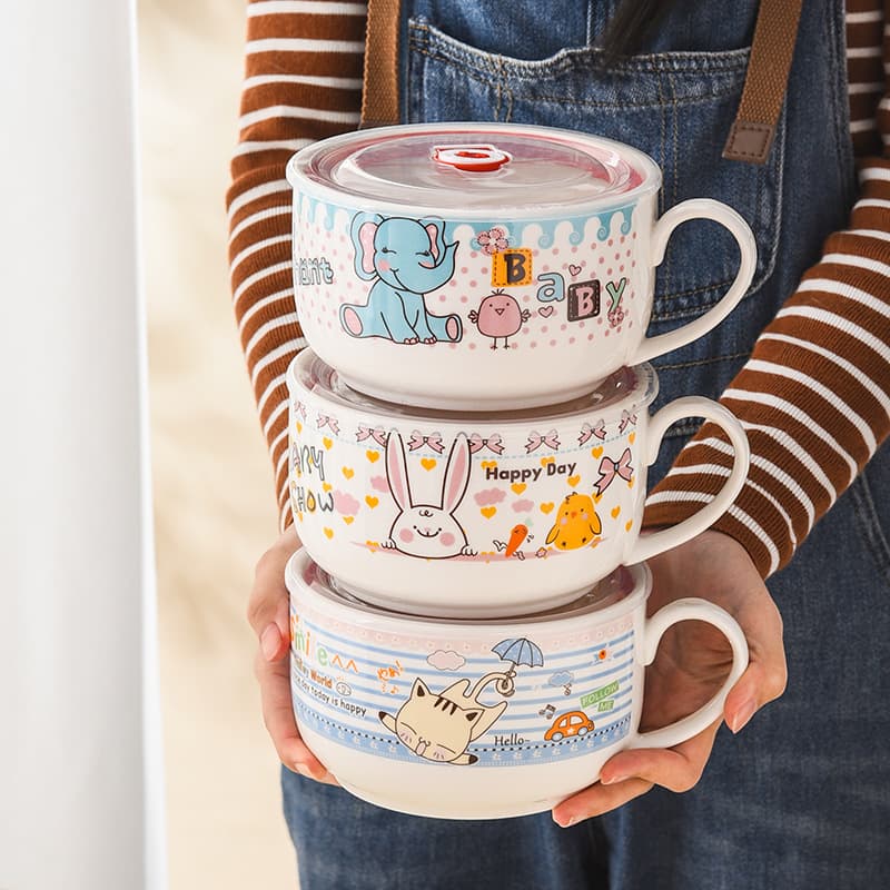 Cute Ceramic Instant Noodle Bowl with Lid and Handle, Easy-to-Clean Lunch Box for Student Dorm, Food Storage Container, Microwave Bowl, Gift