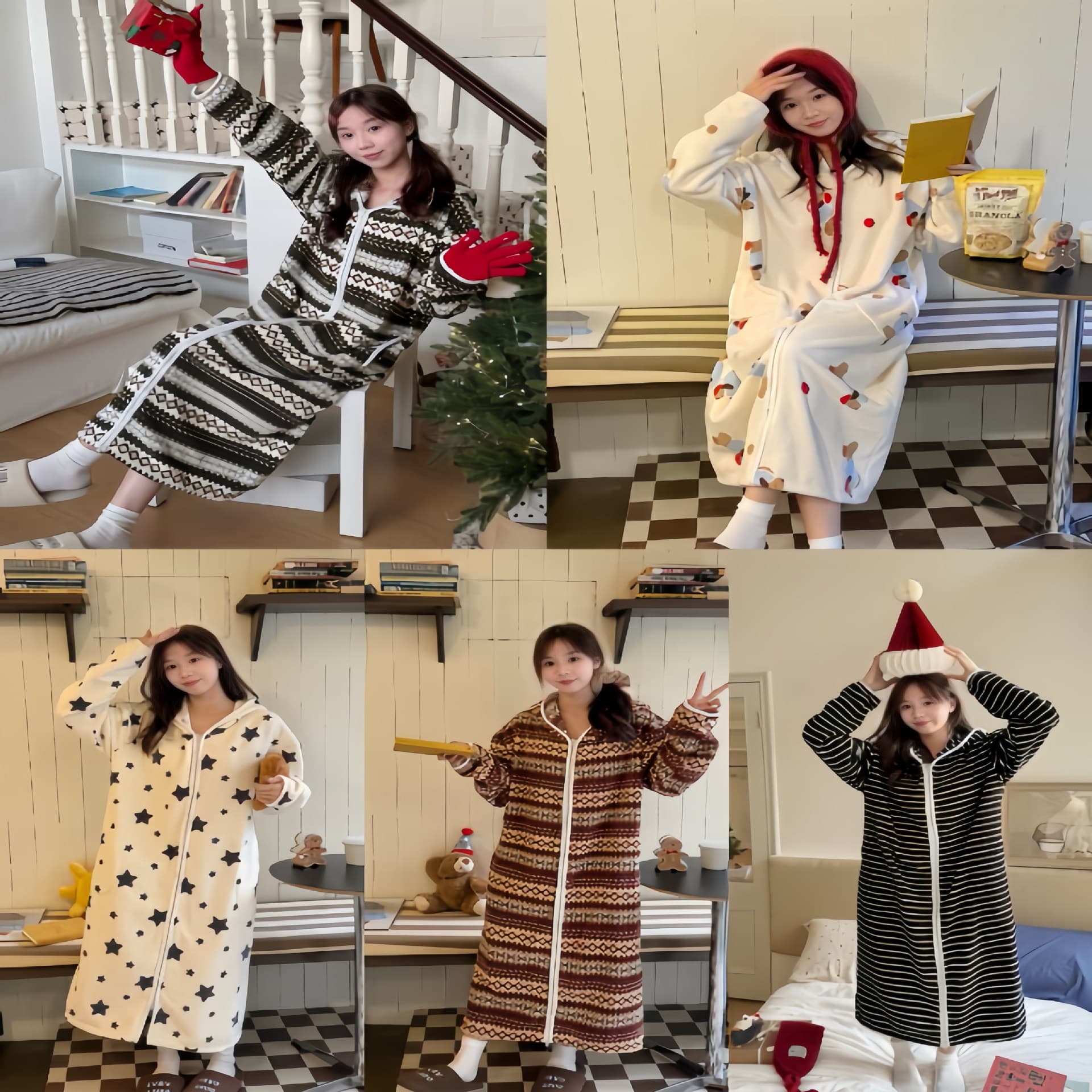 Women's Winter Thick Snowflake Fleece Hooded Bathrobe Long Homewear Pajamas