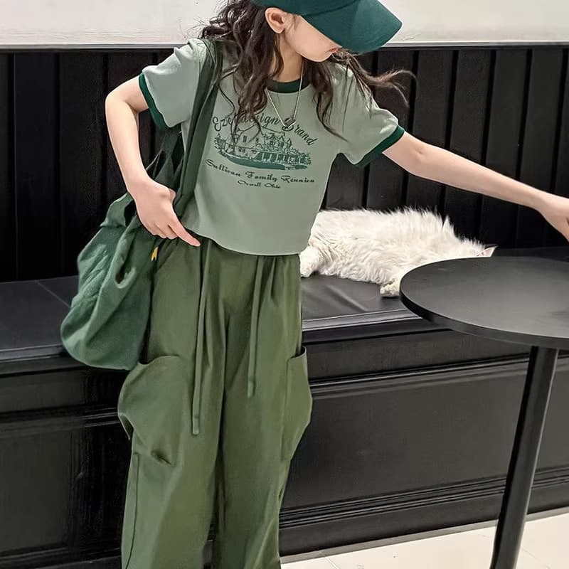 Girls Summer Set 2026 New Round Neck T-Shirt Top and Long Pants Fashionable Two-Piece Casual Girls Clothing