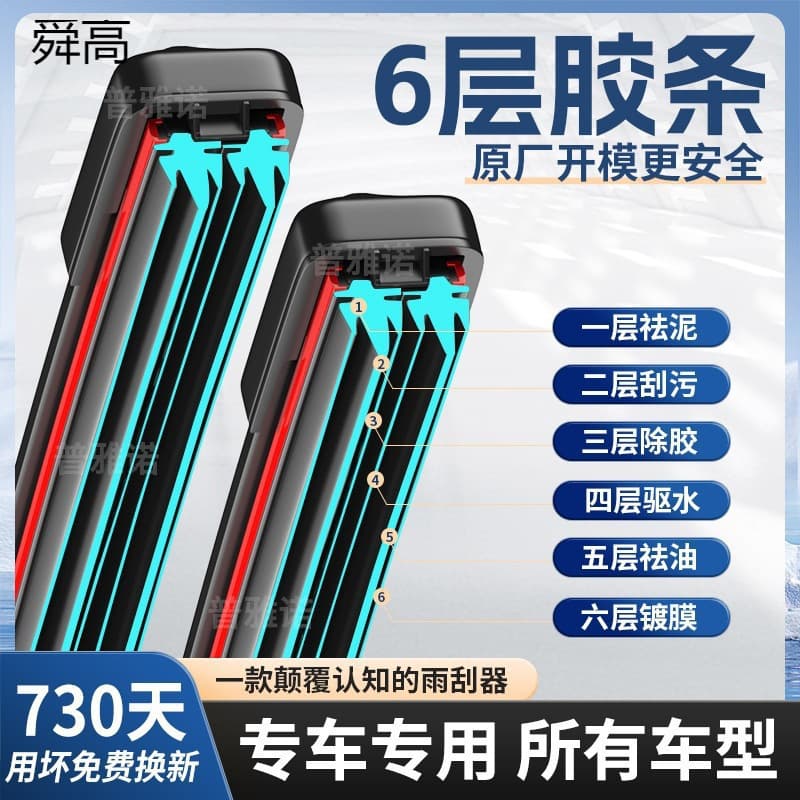 Six-Layer Rubber Wiper Blade, Frameless Wiper, Front and Rear, Dual, Original Equipment, Original Wiper Strip, Silent Silicone
