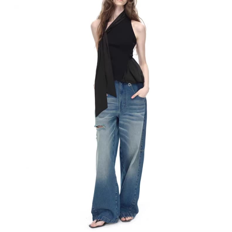 EMPTY PACE Black Patchwork Asymmetrical Vest Women's Neck Scarf Streamer Waist-Cinching Single-Shoulder Pleated Top
