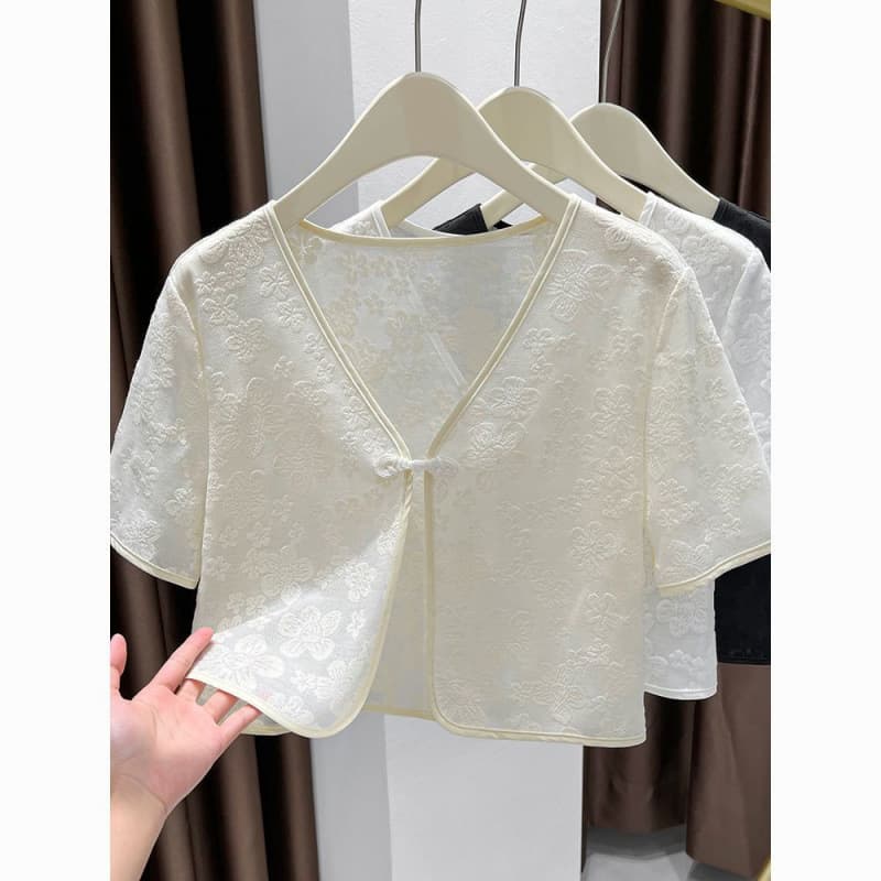 New Chinese Style Lace Cardigan Summer Slip Dress Outer Layer Short National Style Frog Button Versatile Small Shawl Jacquard Thin Jacket
