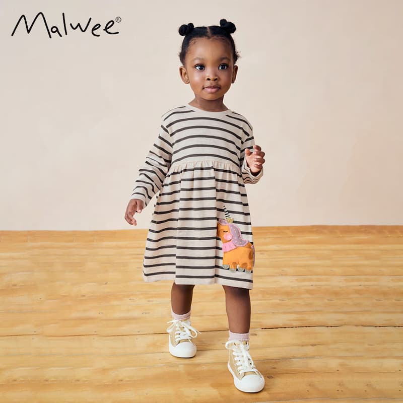 Cross-border Malwee Girls Striped Dress Autumn/Winter New European and American Style Round Neck Long Sleeve Cute Princess Dress for Toddlers and Kids