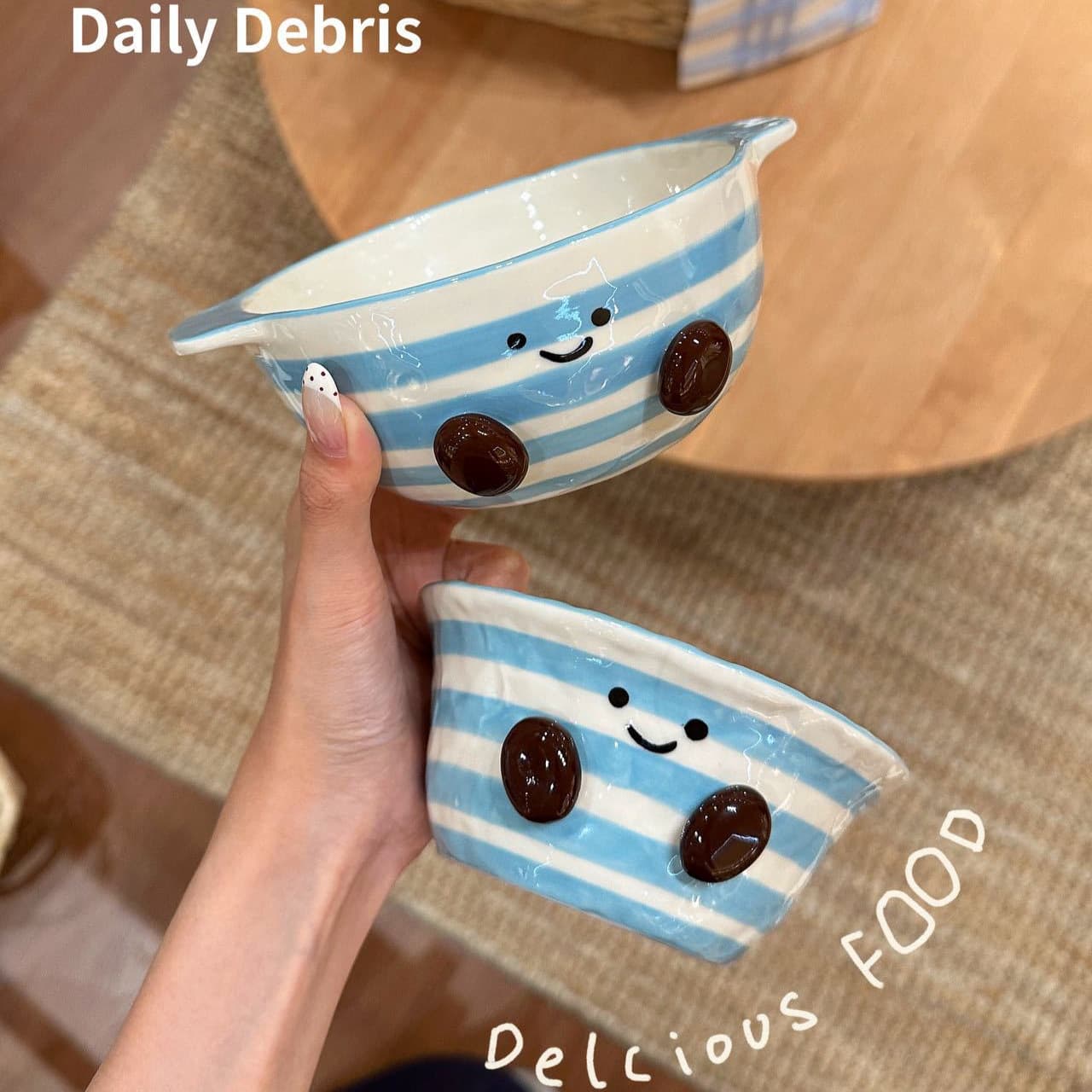 Blue Chubby Series Bowls - New Home Style Cute Rice Bowls, Ceramic Salad Bowls, Double-Handled Bowls, Yogurt Bowls, Beautiful Rice Bowls