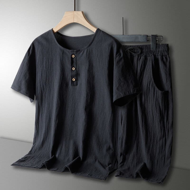 Ice Silk Pajamas Men's Summer Chinese Style Loose Large Size Round Neck Summer Trendy Casual Sports Two-piece Cotton Set