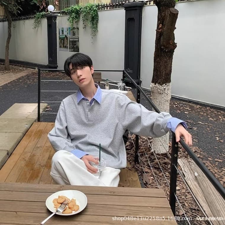 Men's Faux Two-Layer Color-Blocking Shirt Collar Sweatshirt, Spring and Autumn Long-Sleeve Turn-Down Collar Loose Design Top