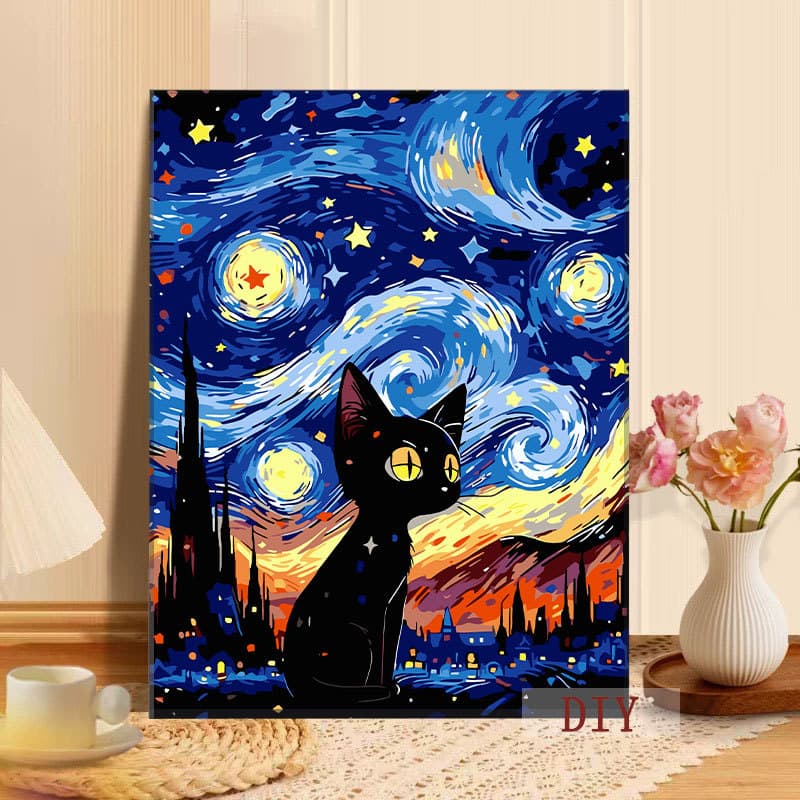 Van Gogh Starry Sky Kitten Digital Oil Painting DIY Coloring Reduction and Healing Hand-painted Filled Acrylic Oil Painting Manufacturer Wholesale