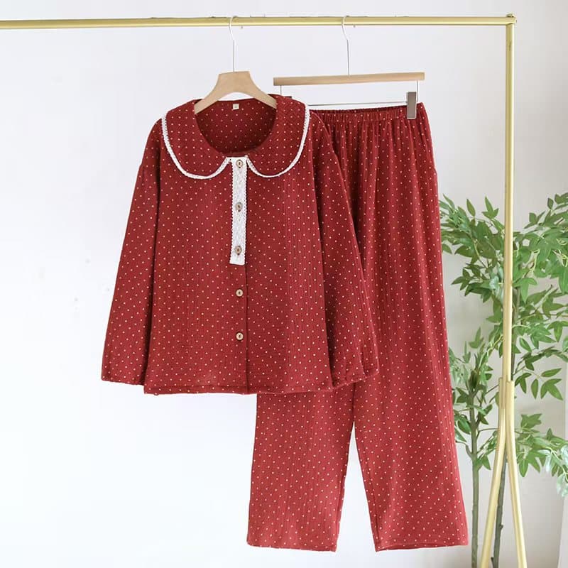 Angora Wine Red Homewear Polka Dot Pure Cotton Pajama Set Long Sleeve Pants New Style Zodiac Year Pajamas In Stock