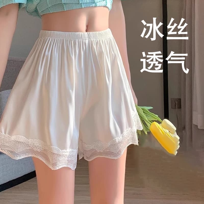 Lace-trimmed ice silk safety shorts for women, spring and summer, thin, loose, plus size, suitable for wearing at home, anti-exposure base layer shorts