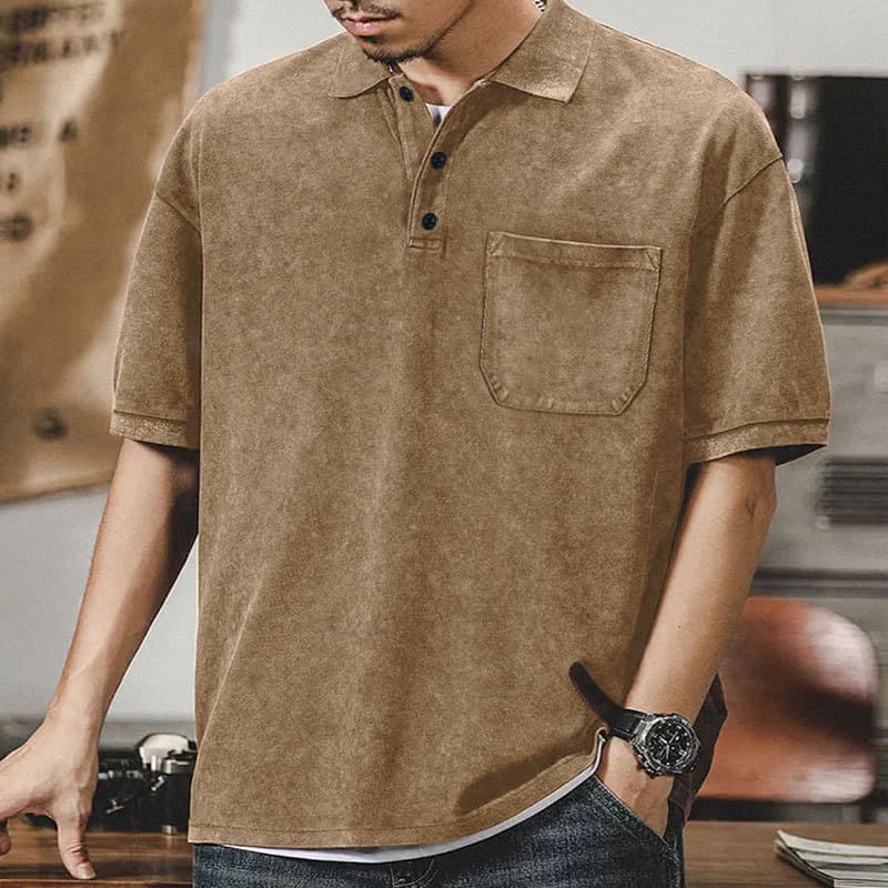 2024 Summer New Style Turn-down Collar Button T-shirt Men's Vintage Washed Heavyweight Short Sleeve Loose Casual Top