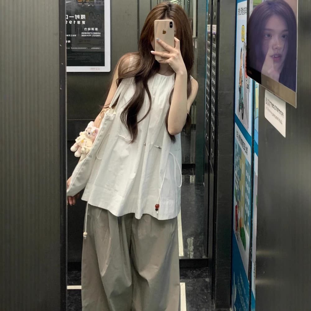 Designer Casual Sportswear Set for Women Summer Sleeveless Drawstring Top Lightweight Cargo Wide Leg Pants Two Piece Set