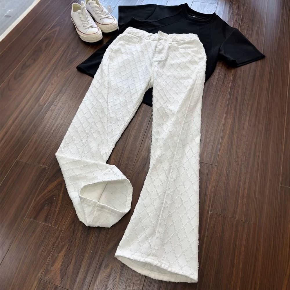 Cleanfit White Diamond Pattern Jeans for Men Autumn Jacquard Design High Street Vibe Straight Leg Flared Pants