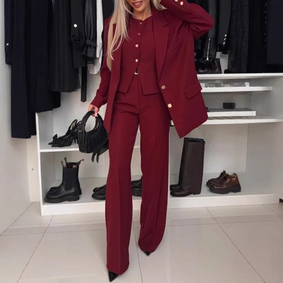 Cross-border Amazon Independent Station Chic Fashion Bestseller Wine Red Autumn/Winter Women's Solid Color Notch Lapel Two-Piece Suit