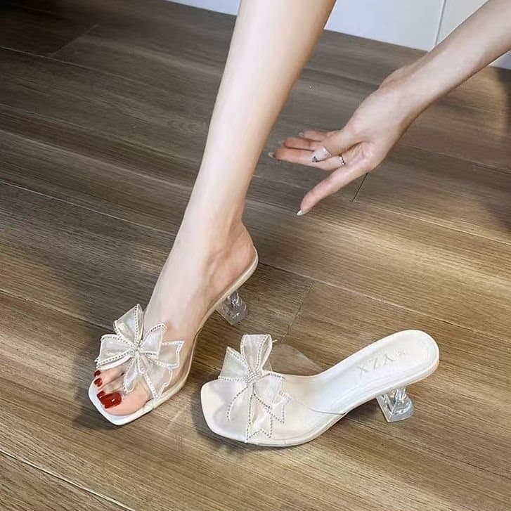 Fashionable Crystal Wine Glass Heel Sandals with Bow Open-Toe Slingback Strappy Shoes Fairy Style for Dresses