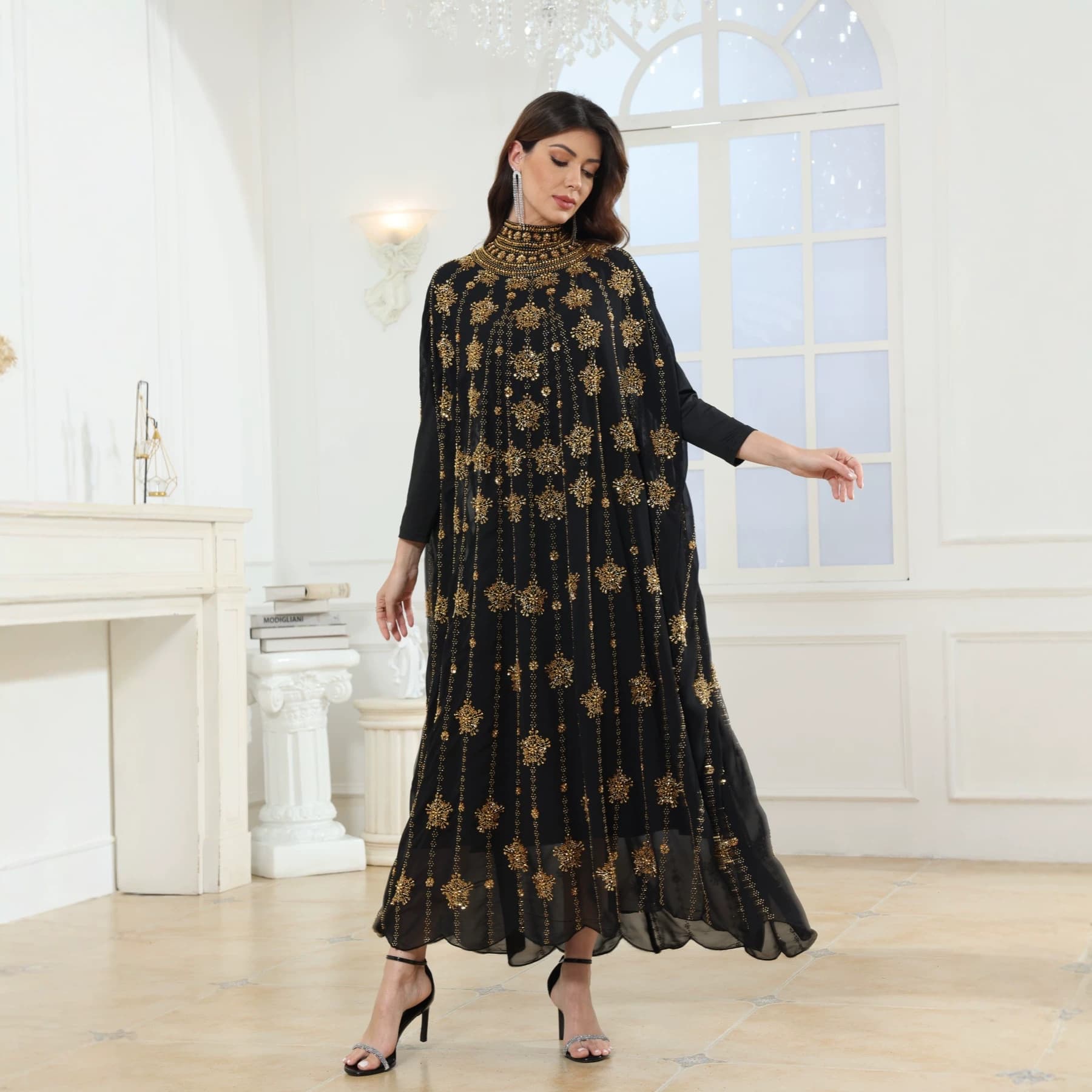 European and American cross-border new Kaftan robe dress Dujia sequin printed loose bohemian style women's clothing