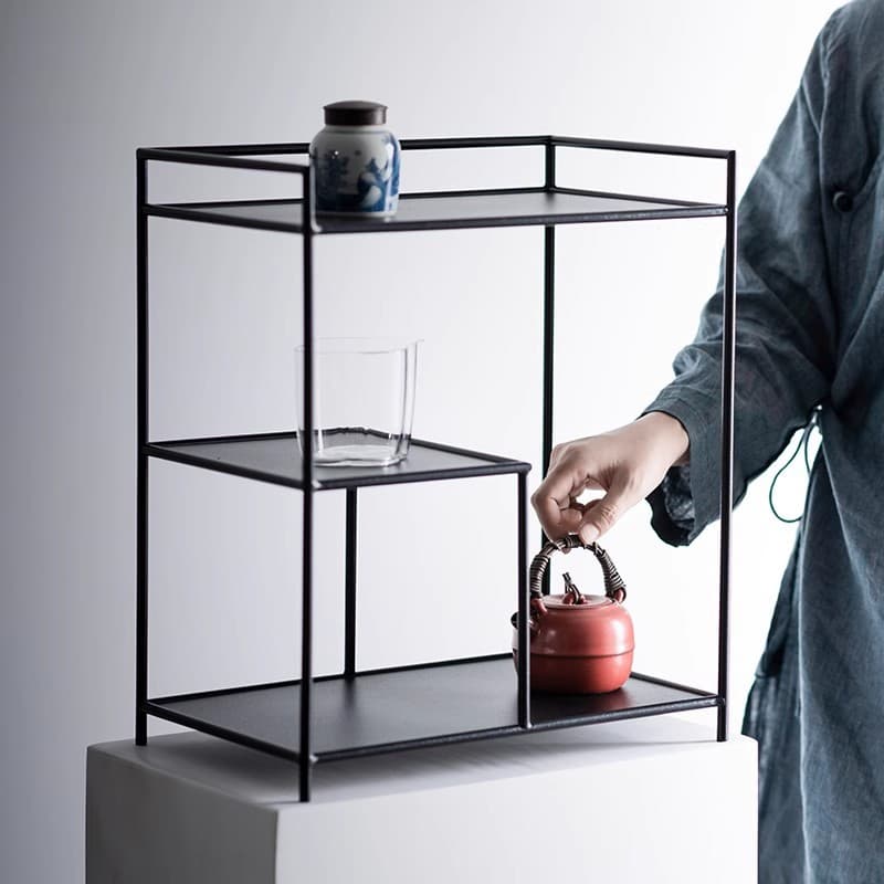 New Chinese style tea set storage rack and display stand, tea shed iron frame, tea set cabinet, Zen-inspired tea room arrangement, storage shelf