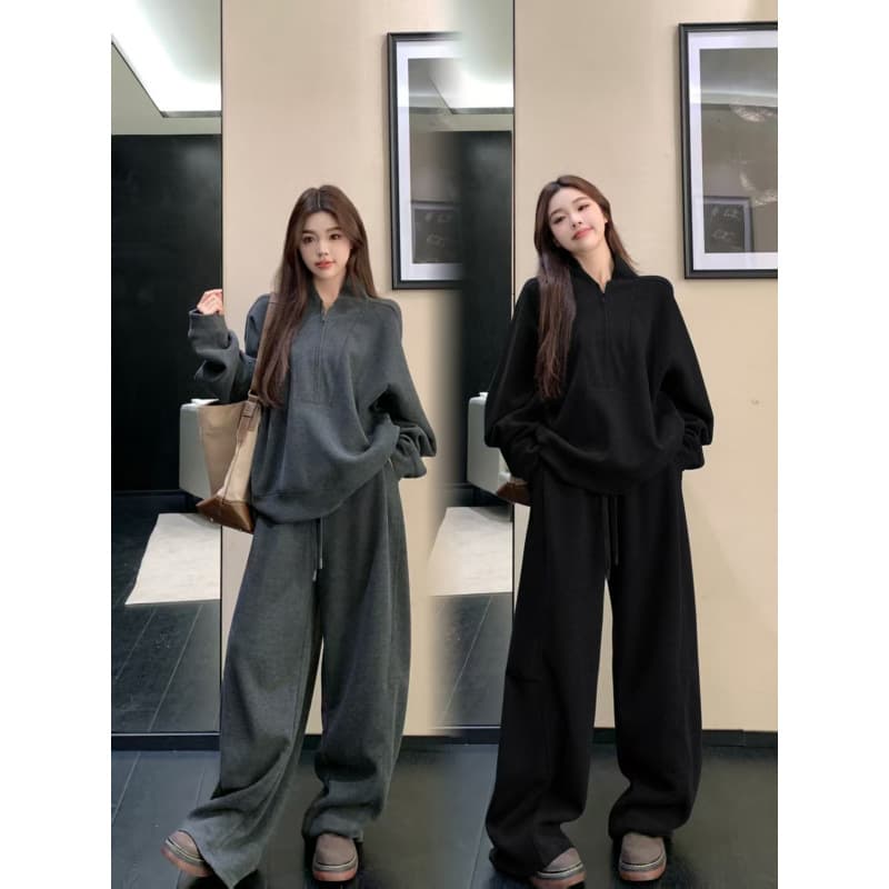 Plus Size 2025 Fall/Winter Korean Fashion Design Set Women Loose Long Sleeve Solid Color Wide Leg Pants Two-Piece Set