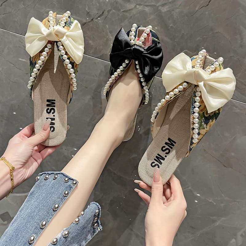 Wholesale 2024 Summer Floral Pearl Closed-Toe Flat Slippers for Women, Bowknot Casual Half Slippers, Fashion Low Heel