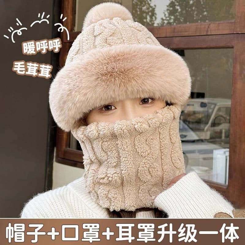 Cold-Proof Hat Cycling Windproof Outdoor Integrated Neck Gaiter Winter Mask Warm Ear Protection Fleece-Lined Head Cover Thickened