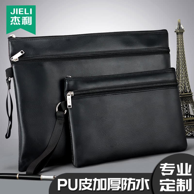 Fashionable Men's Document Bag Handheld Wallet Business Clutch Customizable Logo PU Leather Zipper Closure Handbag