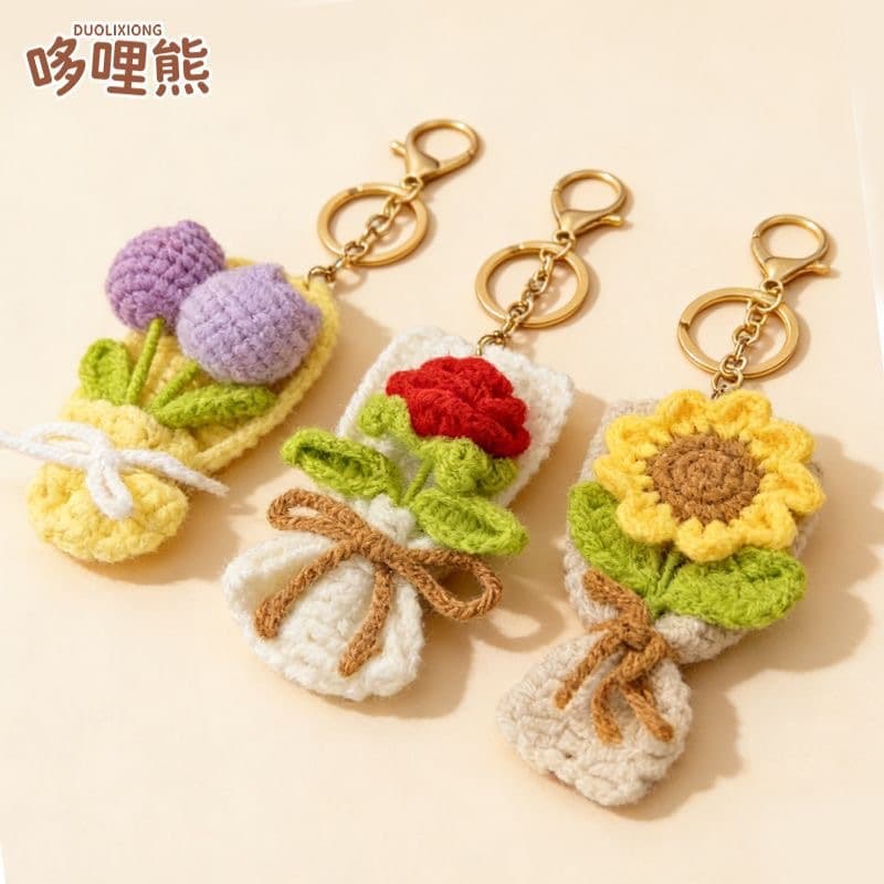 Handcrafted Knitted Flower Bouquet Keychain Bag Charm, Crochet Bouquet Pendant, Creative Handmade Flower, Spring New Arrival