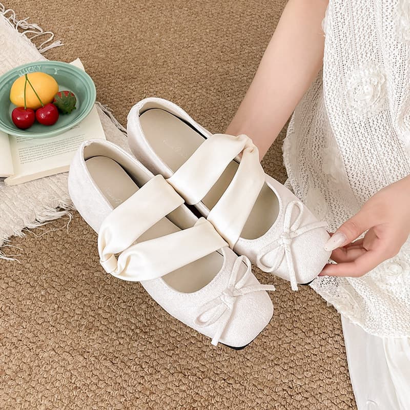 Soft Leather Ballet Flats for Women, White Bowknot, Low Heel, Round Toe, Ballet Flats, Soft Sole Mary Jane Shoes