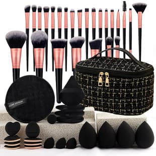 47-Piece Makeup Tool Set with Chanel-Style Cosmetic Bag, Brush Set, Portable Travel Wash Bag, Powder Puff, and Makeup