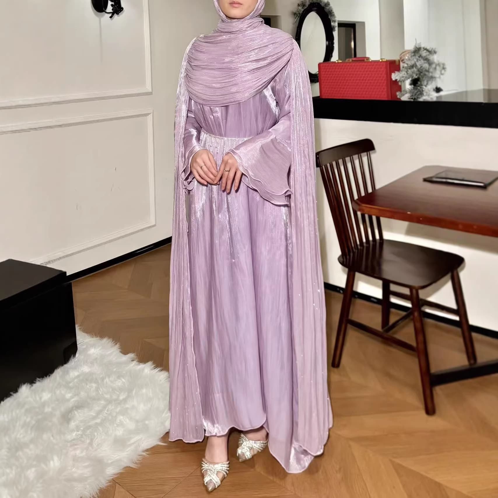 Elegant Pleated Cape-Style Long Robe, Stylish Shimmer Banquet Dress, Party Maxi Dress