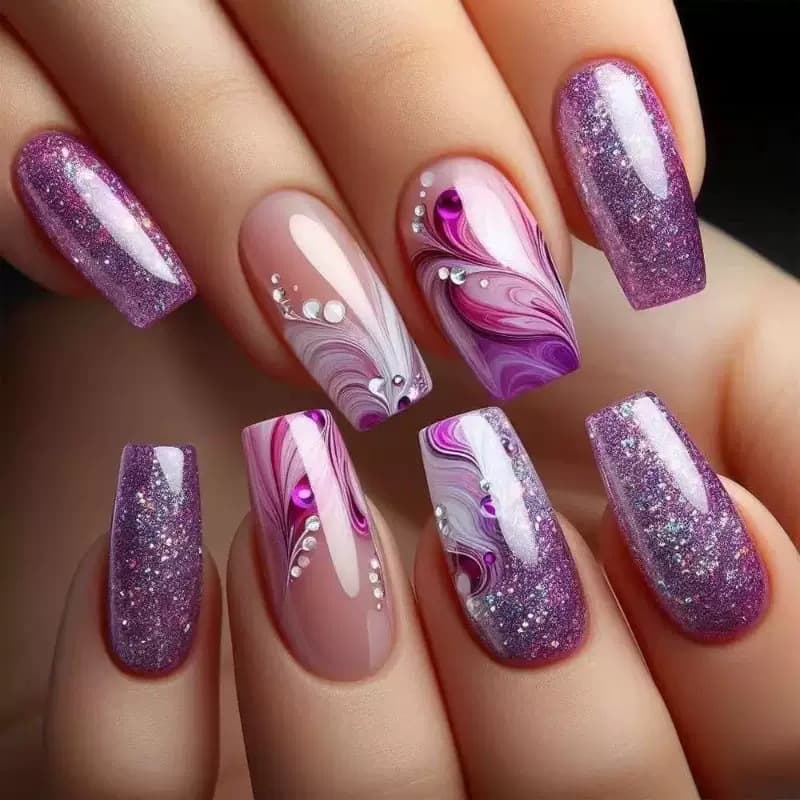 Purple Starry Sky Gradient Nail Art Tips Star Feather Rhinestone Nail Drill Piece Purple Haze 3D Wearable Nail Tips