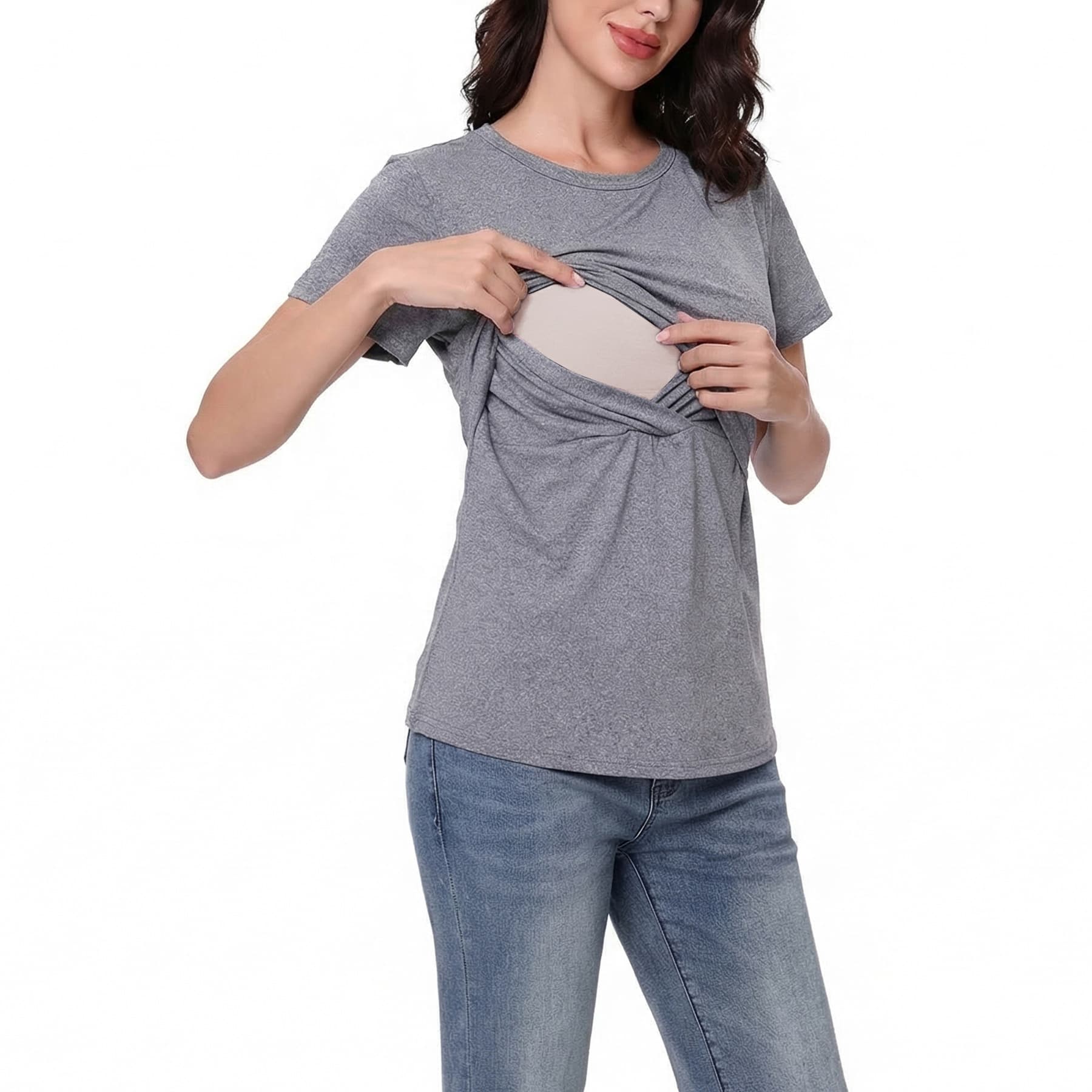 Cross-border Amazon popular short-sleeved T-shirts for pregnant women, postpartum invisible nursing clothes, and casual bottoming tops for going out.