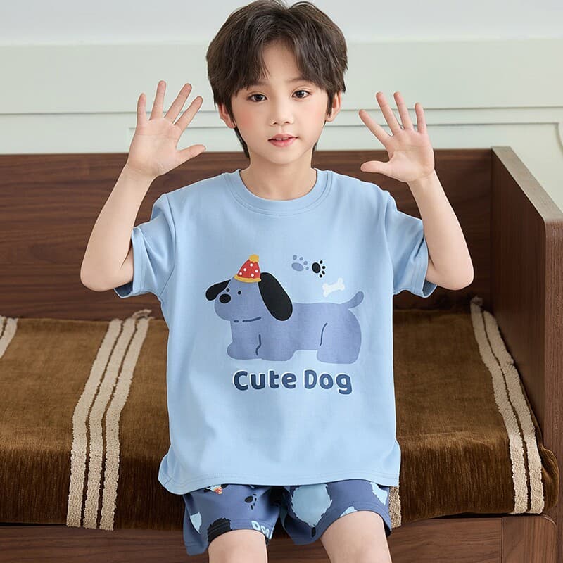 Boys' Pure Cotton Short Sleeve Summer Pajama Set, Thin Mid-Large Size Cotton Pullover Homewear