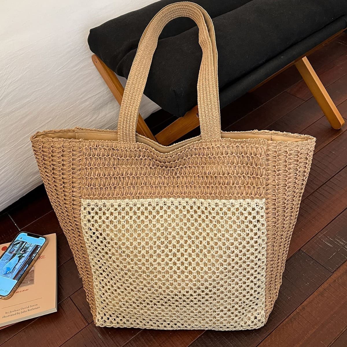Contrast Color Woven Straw Bag for Women, Large Capacity, 2026 New Summer Style, Single Shoulder Commuter Tote, Seaside Vacation Beach Bag