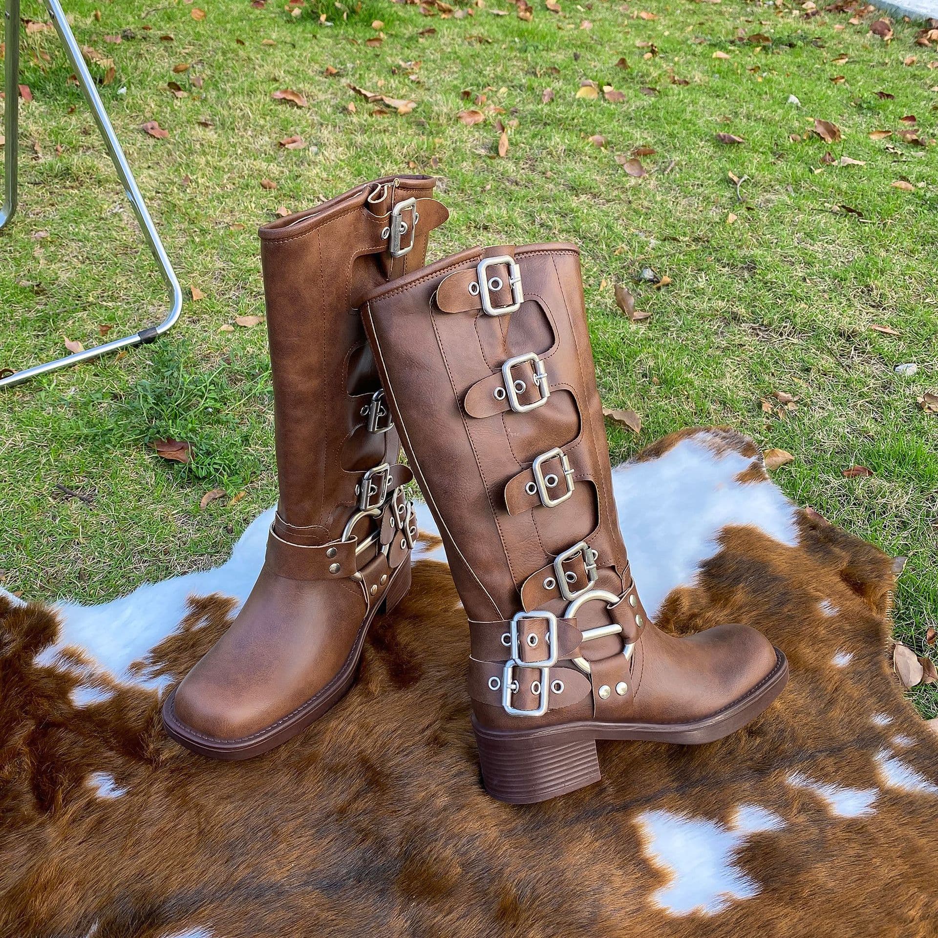 Belt buckle retro high boots fashion boots women's boots wholesale new high boots thick heel western boots increased leather boots