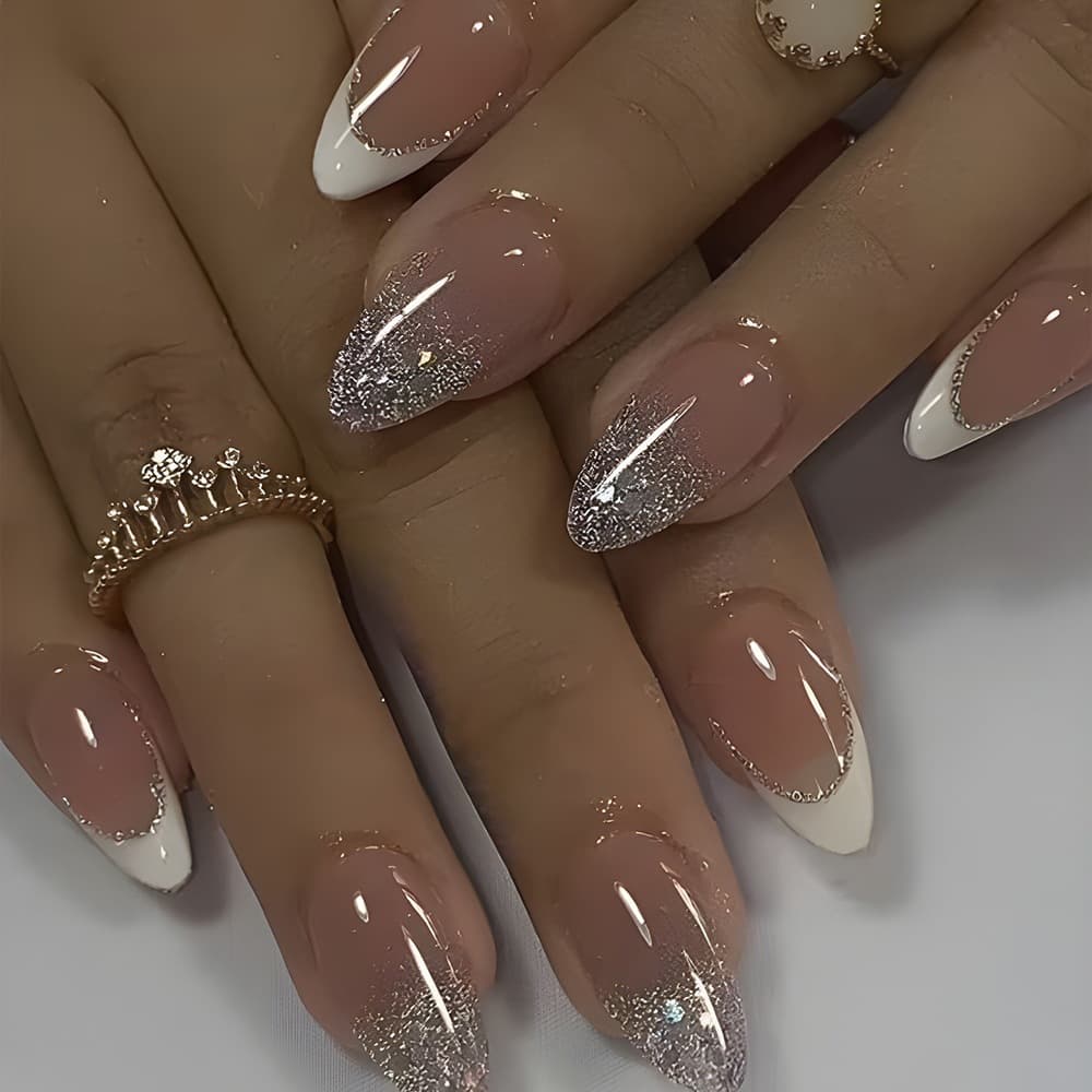 Almond-shaped Nail Tips, Simple Glitter Nail Art with High-end Look, European and American Hot-selling White Edge French Wearable Nails