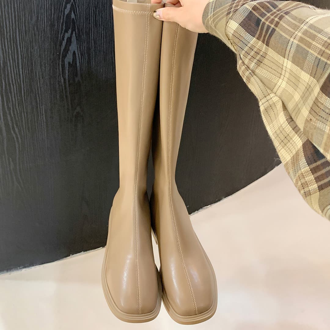 Xinyuda~Genuine Leather Boots for Women, Flats Square Toe, Back Zipper, Mid-High Boots, Women's Knight Boots, Slim Boots