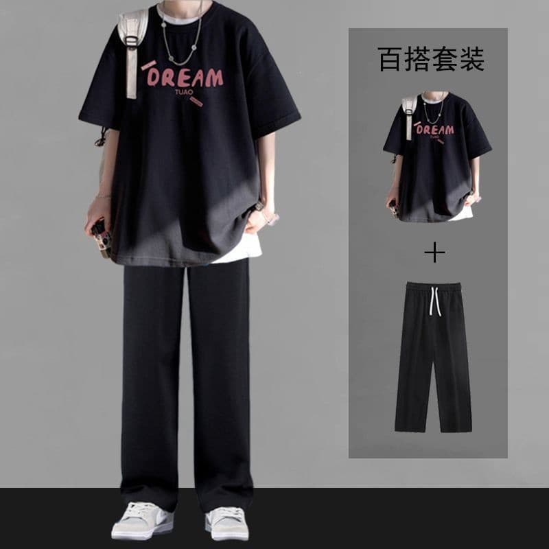 Two-Piece Men's Summer Short-Sleeve Set, Thin Fabric, Middle School Student Hong Kong Style T-Shirt with Trendy Loose Straight-Leg Pants