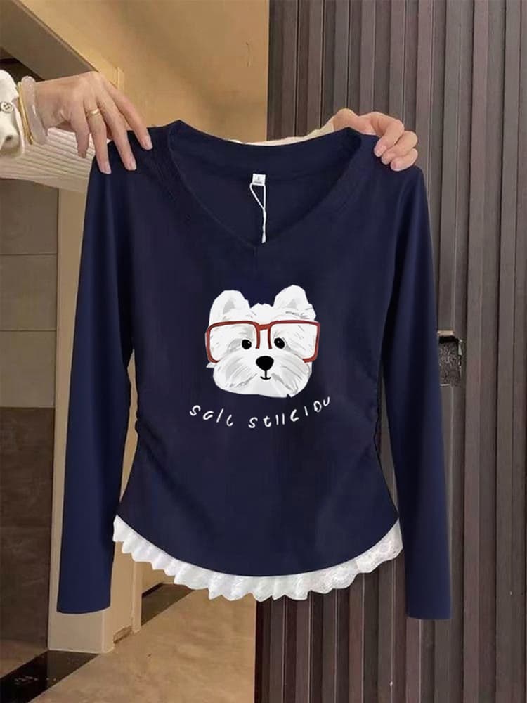 Stylish V-Neck Long Sleeve Top for Women, Slim Fit 2025 Early Fall New Arrival, Lace Trim Waist Design T-Shirt