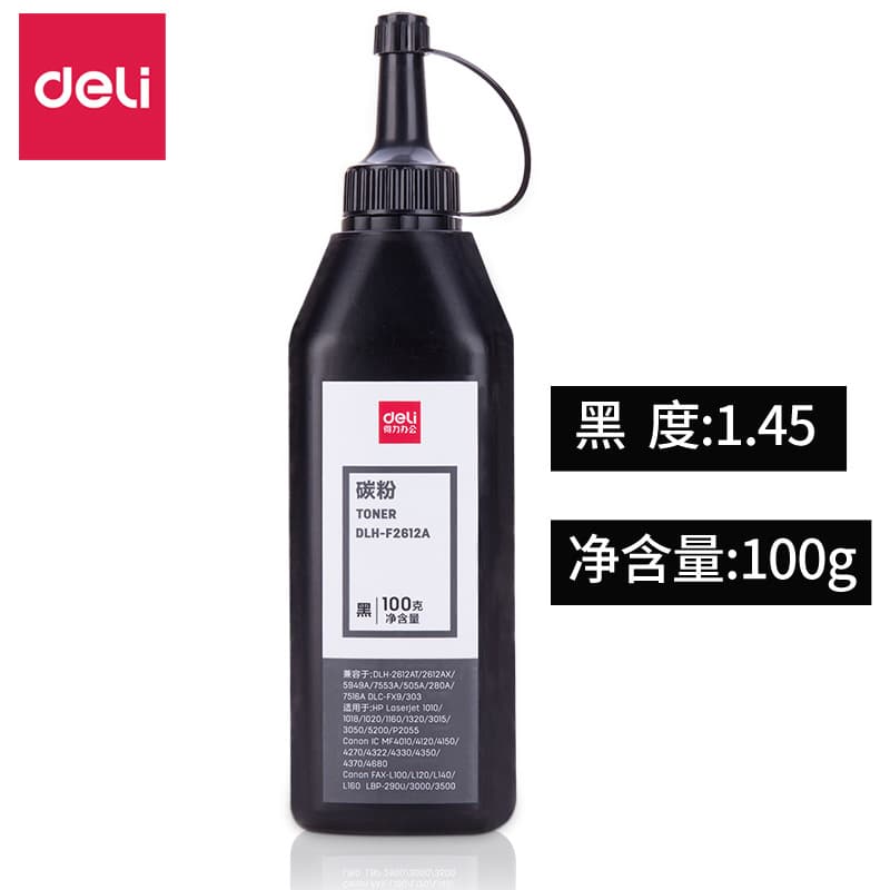 Deli DLH-F2612A Upgraded Darkening Bottled 1.45 Black Toner 100g for Laser Printer Drum