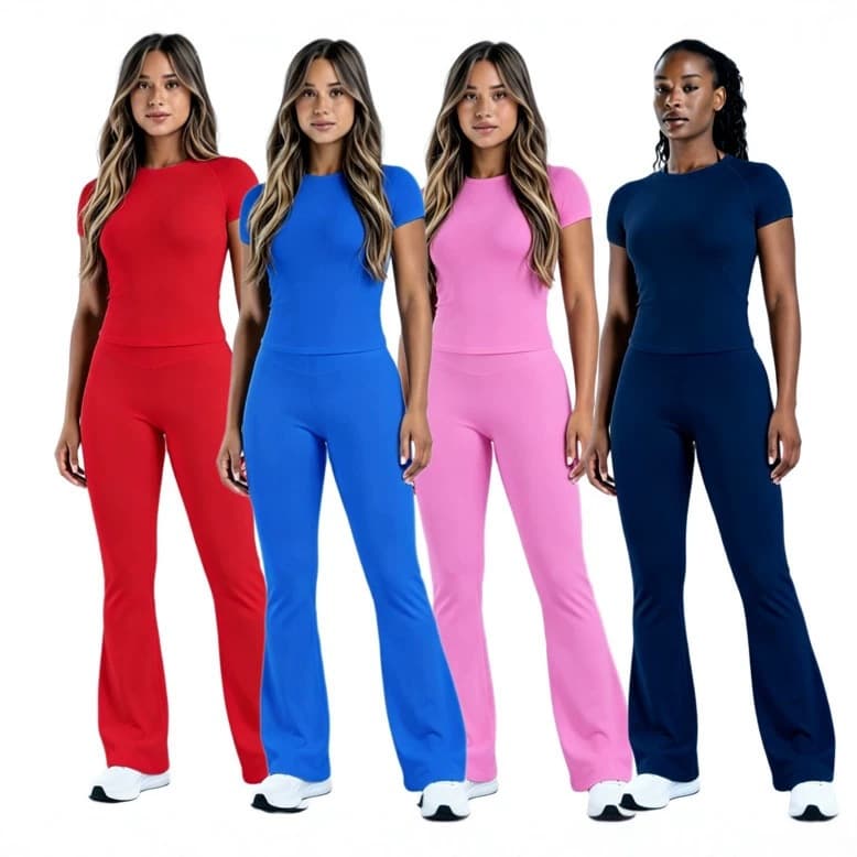 Cross-border Short Sleeve Flared Pants 2-Piece Set Butt Lifting Outdoor Sportswear Women DFYNE Hot Yoga Fitness Suit