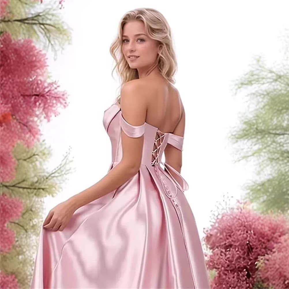 European and American Off-Shoulder Evening Dress Cross-Border Amazon Light Luxury Satin Party Daily Dress Medium-Length