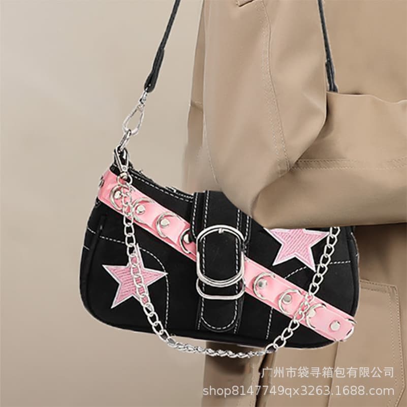 Cross-Border Niche Pink Belt Chain New Star Baguette Shoulder Bag Y2K Millennium Style Sexy Armpit Bag for Women